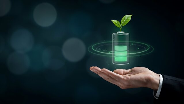 Businessman hand holding battery with green leaves and light trails representing environmental friendly energy saving and sustainable development.
