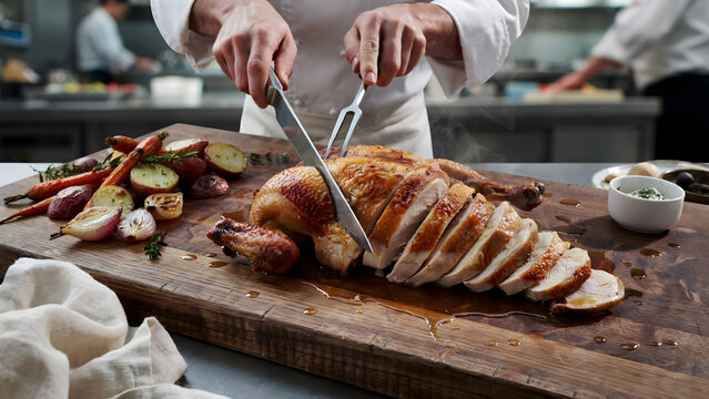 Professional chef carving a roasted chicken on a rustic wooden cutting board