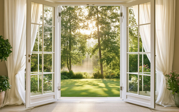 Open french doors reveal sunny backyard garden landscape with green grass trees, flowers. White curtains frame bright natural light inside cozy house room.