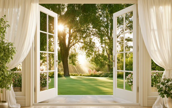 Open french doors reveal sunny backyard garden landscape with green grass trees, flowers. White curtains frame bright natural light inside cozy house room.