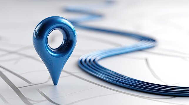 Blue 3D location marker with flowing blue lines.