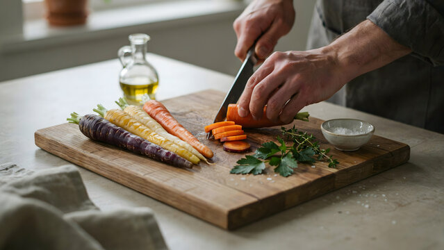 Person slicing fresh colorful carrots on a wooden cutting board in kitchen