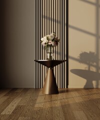 Modern wooden coffee table with floral design in dim light. © gven