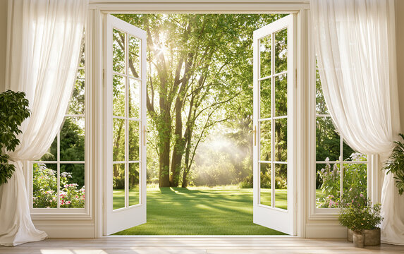 Open french doors reveal sunny backyard garden landscape with green grass trees, flowers. White curtains frame bright natural light inside cozy house room.