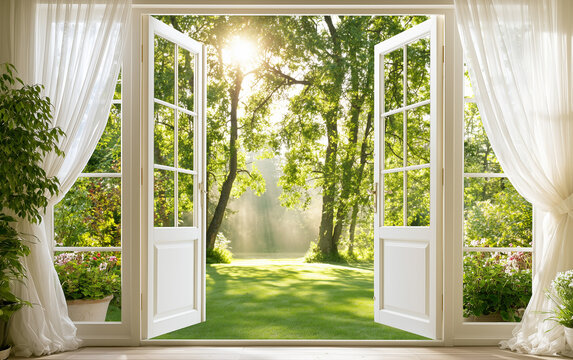 Open french doors reveal sunny backyard garden landscape with green grass trees, flowers. White curtains frame bright natural light inside cozy house room.