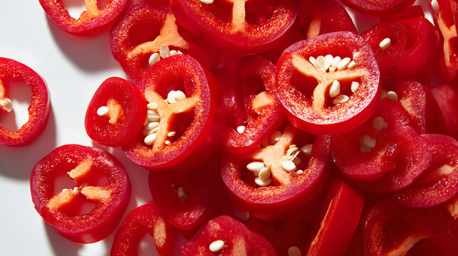 Sliced red chili peppers with visible seeds displayed on a white surface pepper