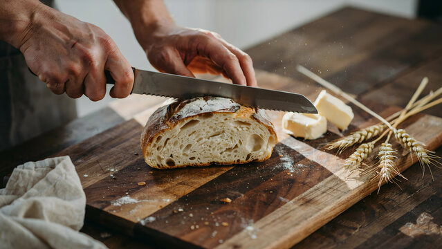 A pair of hands slicing a fresh sourdough loaf on a wooden cutting board