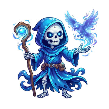 Chibi Fantasy Skeleton Necromancer Wizard Holding A Glowing Blue Magic Staff With A Spectral Raven Spirit Familiar