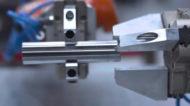 Robotic gripper holding polished cylindrical metal shaft inside industrial assembly cell with cool diffused lighting, precision alignment, and shallow depth of field