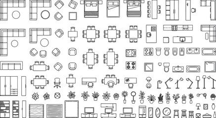 Obraz premium Architectural furniture symbols set for floor plans, top view collection of 2d cad blocks for interior design, isolated on white background
