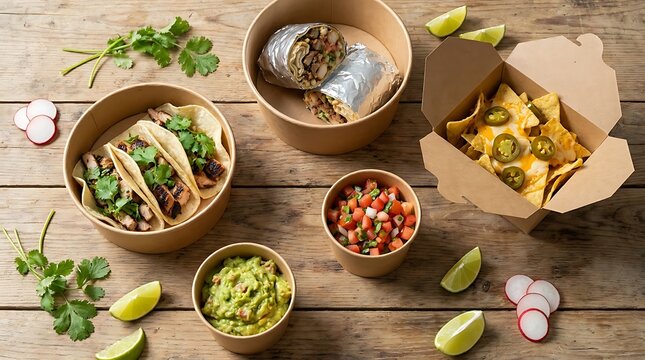 Mexican food meal with tacos burrito nachos guacamole and salsa in cardboard bowls on a rustic wooden table from above. mexican takeout