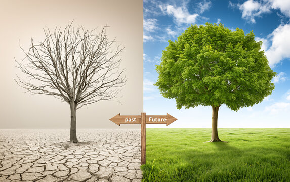 Symbolic landscape shows contrast between two worlds. Left side dry cracked earth, dead tree representing past. Right side green grass, tree representing future.