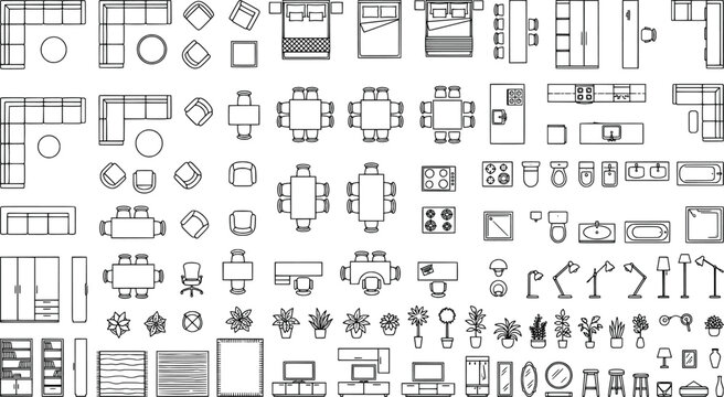 Architectural furniture symbols set for floor plans, top view collection of 2d cad blocks for interior design, isolated on white background