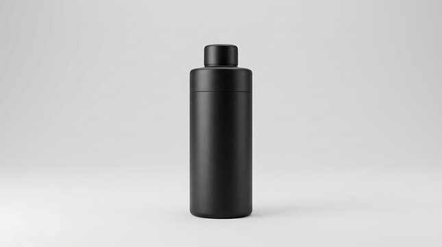 Minimalist matte black metal water bottle for sports and travel isolated on a neutral studio background. cocktail shaker mockup
