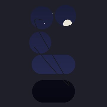 Dark blue abstract composition with circles and rounded rectangles featuring a small white crescent