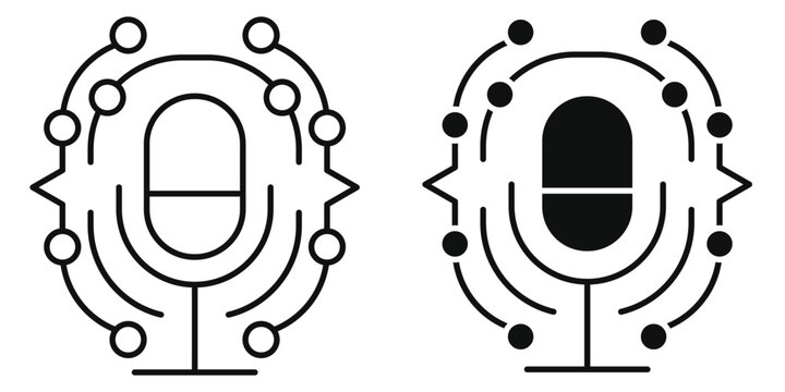 AI Voice Assistant Icon Set, Smart Sound Wave Microphone Vector Illustration, Editable Stroke Line and Filled Glyph Tech Logo Symbol