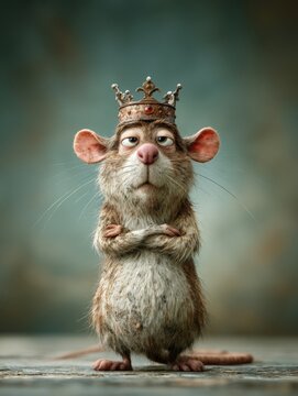 Grumpy cartoon mouse king with a crown and crossed arms