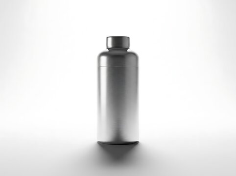 A single metallic silver bottle container with a simple screw cap for cosmetics or supplement vitamins and healthy products. cocktail shaker mockup