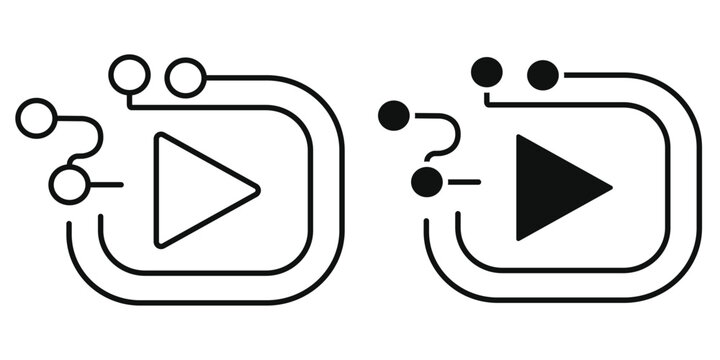 AI Video Generator Icon Set - Artificial Intelligence Media Creation, Digital Play Button, Line and Glyph Vector Illustration with Editable Stroke