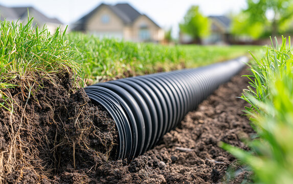Black plastic irrigation pipe installed in narrow trench under green grass lawn. Underground watering system setup in garden soil for lawn maintenance