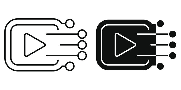 AI Video Generator Icon, Artificial Intelligence Media Creation, Digital Play Button with Circuit Nodes, Editable Stroke and Solid Vector Illustration