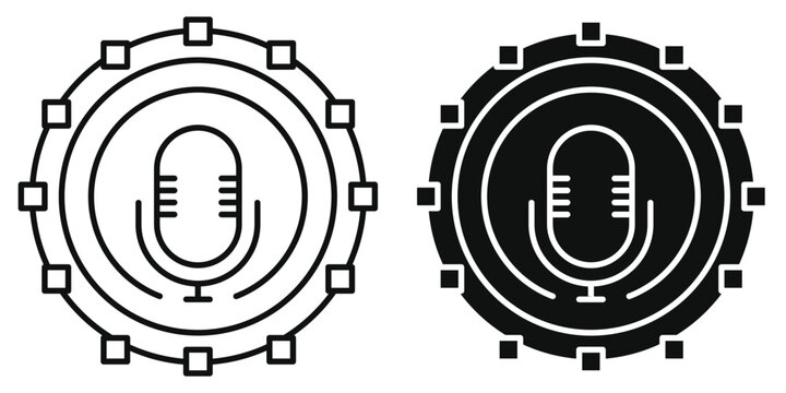 AI Voice Assistant Vector Icon Set, Smart Artificial Intelligence Speech Recognition Microphone Symbol, Editable Stroke Line and Glyph Vector Illustration for Technology, App UI, and Digital Sound Des