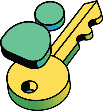 Isometric golden locksmith key icon. User profile avatar bow keyhole, cybersecurity, account protection, password access, privacy digital identity verification, security login interface, mobile UI app