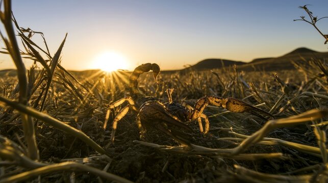Venomous scorpion moving through dry yellow grass in golden sunset light, wild Mediterranean arachnid showing survival, danger, desert habitat, and dramatic silhouette in natural environment