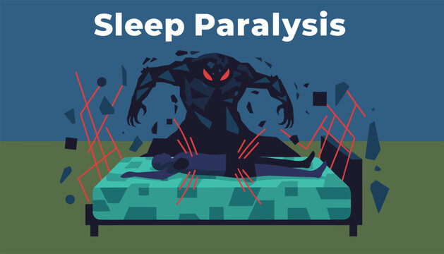 Terrifying sleep paralysis episode depicted by a dark shadow monster looming over a helpless person lying in bed.