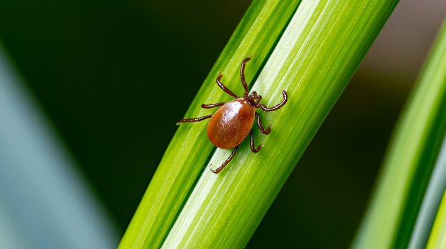 Small brown tick crawling on bright green grass stalk in nature, high contrast macro scene showing tiny parasite insect, pest behavior, wildlife survival, and hidden danger in outdoor environment