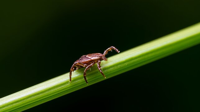 Small brown tick crawling on bright green grass stalk in nature, high contrast macro scene showing tiny parasite insect, pest behavior, wildlife survival, and hidden danger in outdoor environment