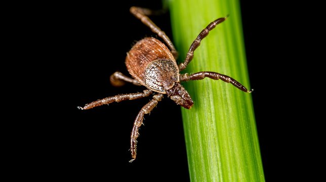 Small brown tick crawling on bright green grass stalk in nature, high contrast macro scene showing tiny parasite insect, pest behavior, wildlife survival, and hidden danger in outdoor environment
