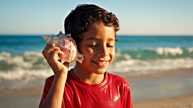 Smiling boy listens to conch seashell on sunny beach.