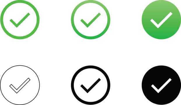 Tick check mark icon set. Variation gradient, solid design. Approved, verified, done completed, correct, success status UI design. Form validation, to do list, checklist apps, mobile interface design