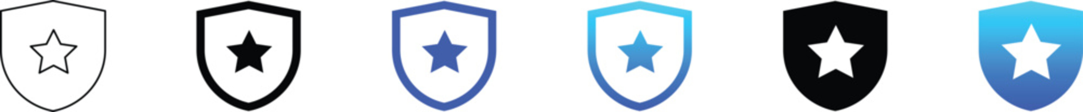 Shield star icon set. Security privacy protection, police badge, premium quality, trust top rated certification. Cybersecurity insurance, mobile app interface, premium modern UI UX. Outline fill style