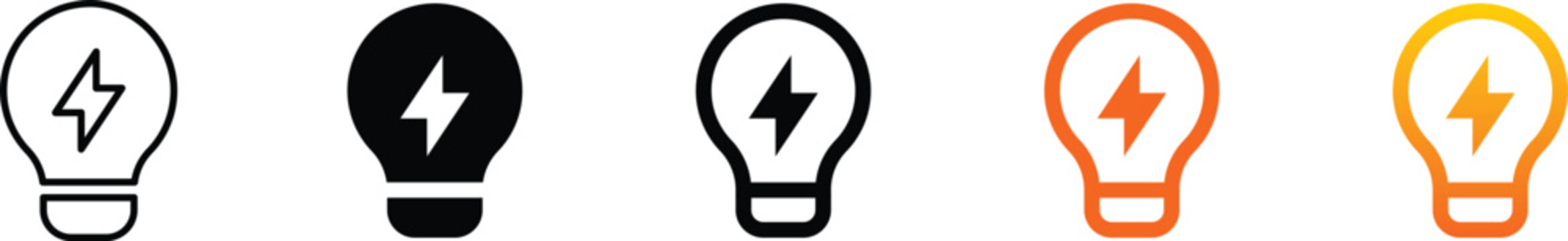 Idea bulb icon set. Style yellow gradient design. Lightning energy symbol, innovation creativity, power, electricity, bright thinking. Technology branding, startup presentations, UI UX design projects