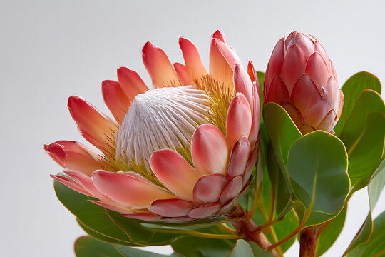 King protea flower with textured bracts and developing bud close up photo on white background
