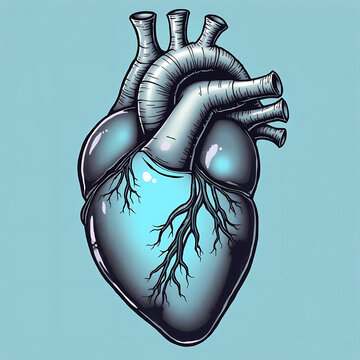 Vibrant digital art of an anatomical human heart with bold outlines and metallic blue shading isolated on a light blue background