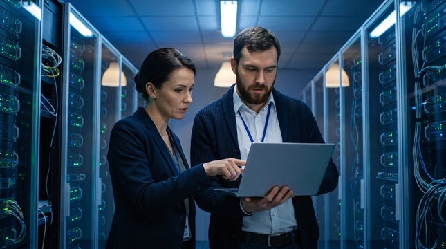 Two specialists use a laptop to review server rack electronics, check device connections, and monitor network cables in data center, business infrastructure, it service, saas software operation