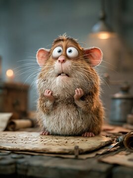 Frightened cartoon mouse with big eyes looking surprised