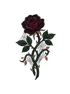 Gothic Dark Red Rose with Spiderwebs and Thorny Vines Vector Illustration