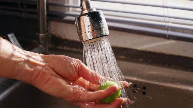 Close View of Female Hand Washing Green Lime beneath Faucet Spray in Slow Motion, Food Hygiene and Fresh Produce Preparation