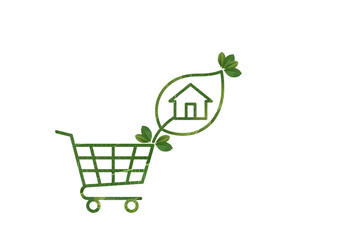 Green shopping cart holding eco house leaf icon for sustainable real estate property concept © amornme