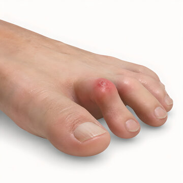 Hammer toe with shoe irritation in isolated photorealistic 3D foot anatomy render, showing bent toe, redness and pressure corn for podiatry, medical education and patient care design use