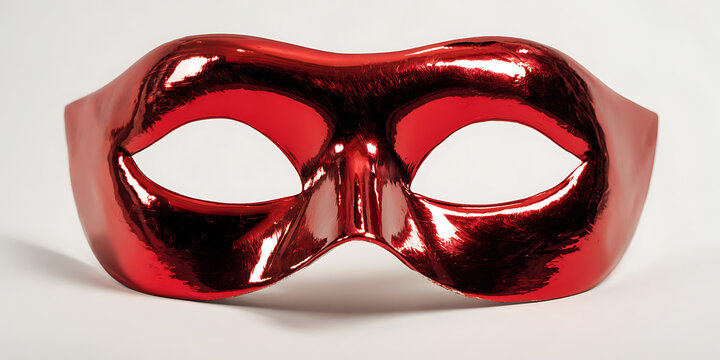 A shiny red masquerade mask rests against a plain white background reflecting light