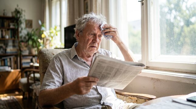 Elderly man suffering from heat indoors holding damp cloth to forehead. Senior citizen feeling unwell during summer heatwave at home