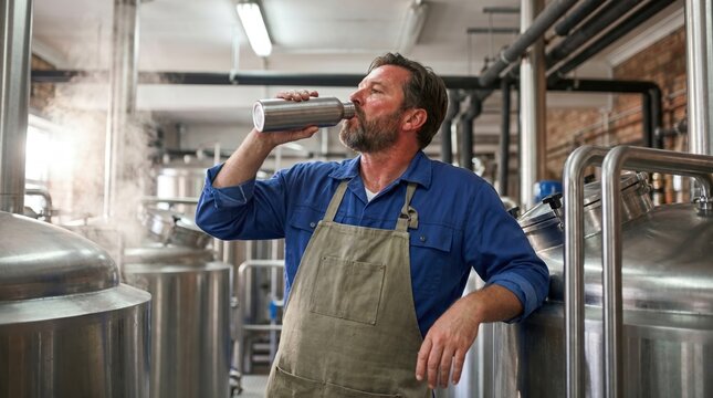 Sweaty male brewer drinking water from a metal bottle in a hot brewery. Exhausted industrial worker suffering from heat during his shift