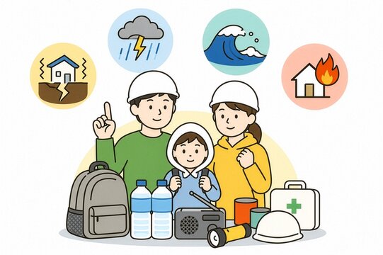 Disaster Preparedness Illustration with Emergency Supplies and Family