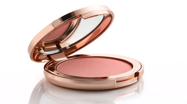 Open blush compact with powder featuring a rose gold metallic case and a white background