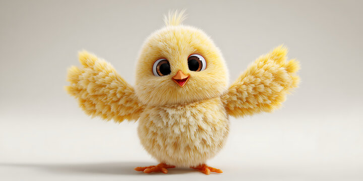 Fluffy yellow chick with large eyes and open wings a 3d rendered character illustration